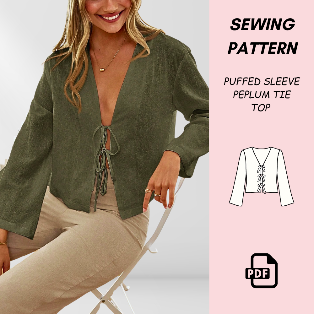 Women’s Peplum Tie Top Sewing Pattern (PDF Download) | Puffed Sleeve Top | Peplum Blouse | Tie-Front Shirt Pattern | DIY Women’s Sewing Project