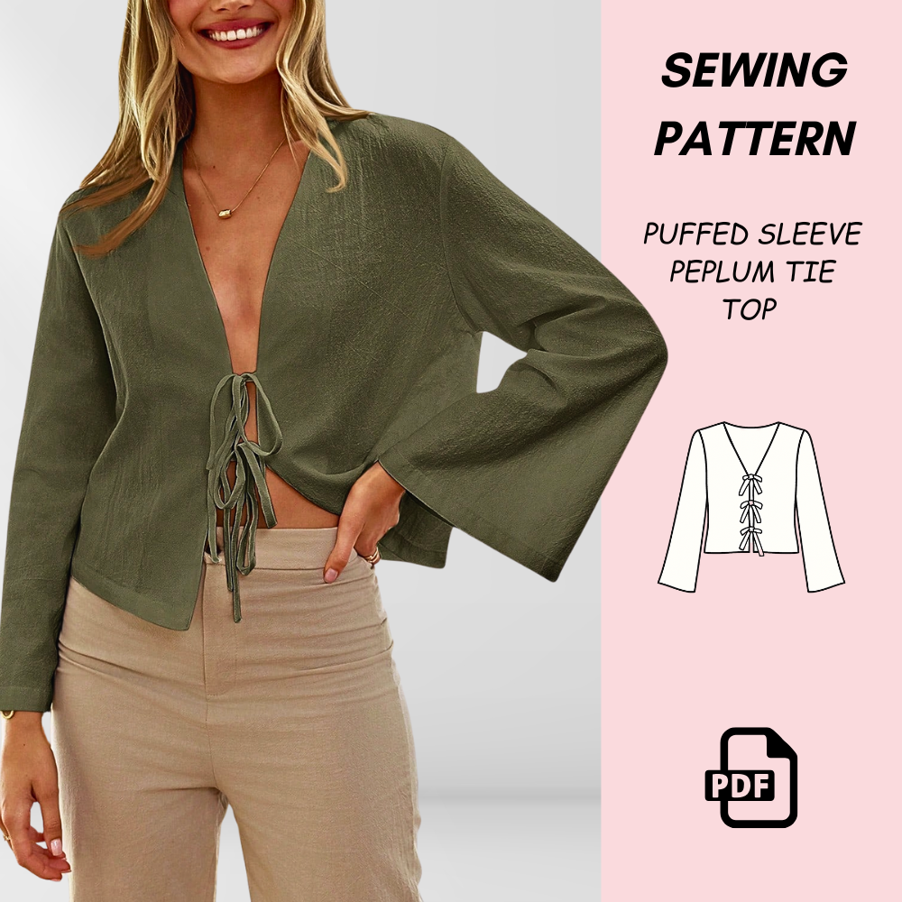 Women’s Peplum Tie Top Sewing Pattern (PDF Download) | Puffed Sleeve Top | Peplum Blouse | Tie-Front Shirt Pattern | DIY Women’s Sewing Project