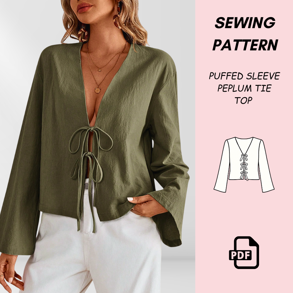 Women’s Peplum Tie Top Sewing Pattern (PDF Download) | Puffed Sleeve Top | Peplum Blouse | Tie-Front Shirt Pattern | DIY Women’s Sewing Project